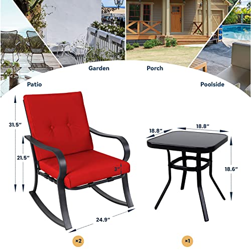 Incbruce 3 Piece Patio Bistro Set Outdoor Rocking Chairs Set, Porch patio chairs set of 2 with Coffee Table (Red Thickened Cushion)