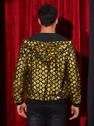 Image of Lars Amadeus Argyle Golden Sequins Jackets for Men's Long Sleeves Metallic Shiny Hooded Disco Jacket Large
