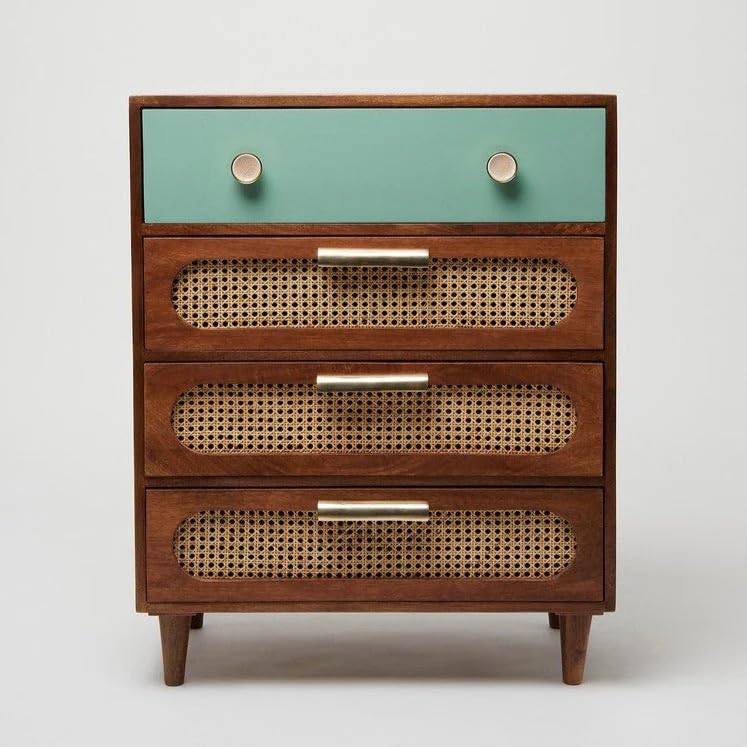 Image of Space Galaxy Solid Sheesham Wood Chest of Drawer with Cane Rattan Fronts | 4 Drawer Storage Cabinet & Closet Drawer Organizer | Bedroom, Living Room & Home Storage Furniture | Natural Finish