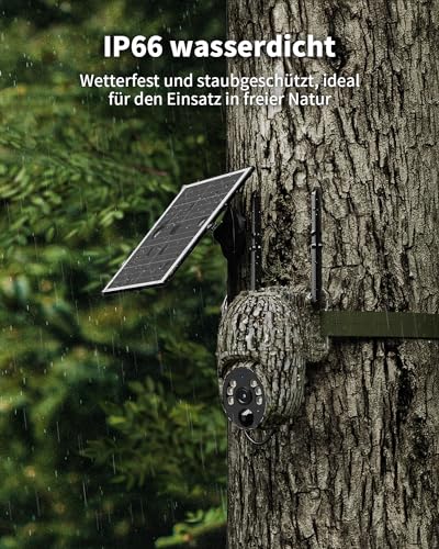 NUASI 4G Wildkamera mit SIM Karte, 2K Solar Wildkamera mit Handyübertragung APP, Überwachungskamera mit Bewegungsmelder, Überwachungskamera Aussen Akku mit Farbnachtsicht, PIR, IP66, 2-Weg-Audio