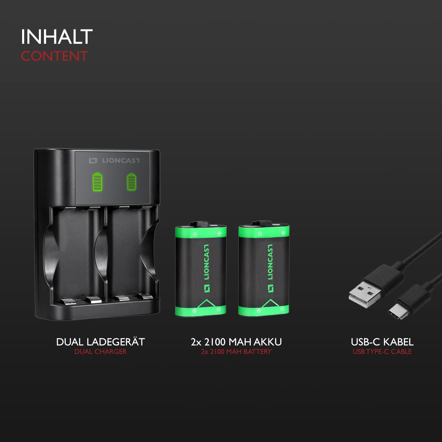 Lioncast Batteria compatibile con controller Xbox (2 batterie), batteria ricaricabile per controller Xbox serie X, serie X, stazione di ricarica della batteria con display a LED