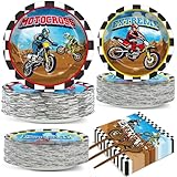 Qyeahkj 200 Pcs Dirt Bike Party Decorations Motorcycle Birthday Party Supplies Dirt Bike Theme Party Paper Plates Set Motocross Party Plates and Napkins Motor Theme Party Tableware for Boys Serves 50