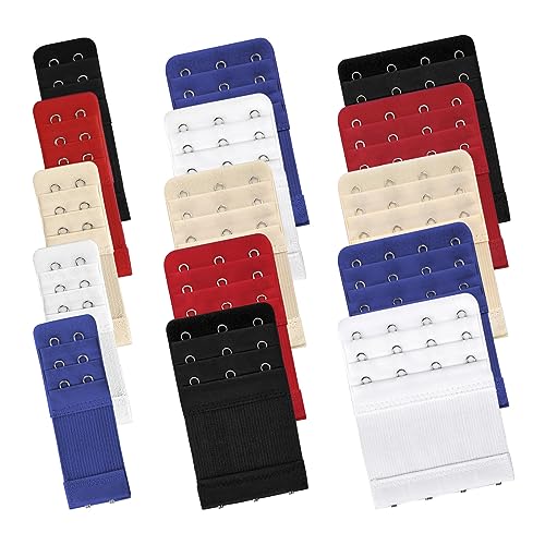 Bigqin 15 Pièces d'extension de Soutien-Gorge, Sangle de Crochet d'extension élastique avec 3 Rangées 2 Crochets 3 Crochets 4 Crochets,Noir/Blanc/Couleur de Peau/Rouge/Bleu