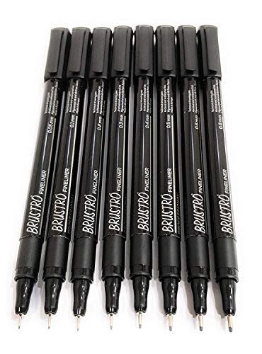 Image of BRUSTRO Technical Pen (Pack of 6) & Acrylic Paint Set of 24, Multicolour 12ml Tubes, multicolor & Professional Pigment Based Fineliner - Pack of 8 (Black)