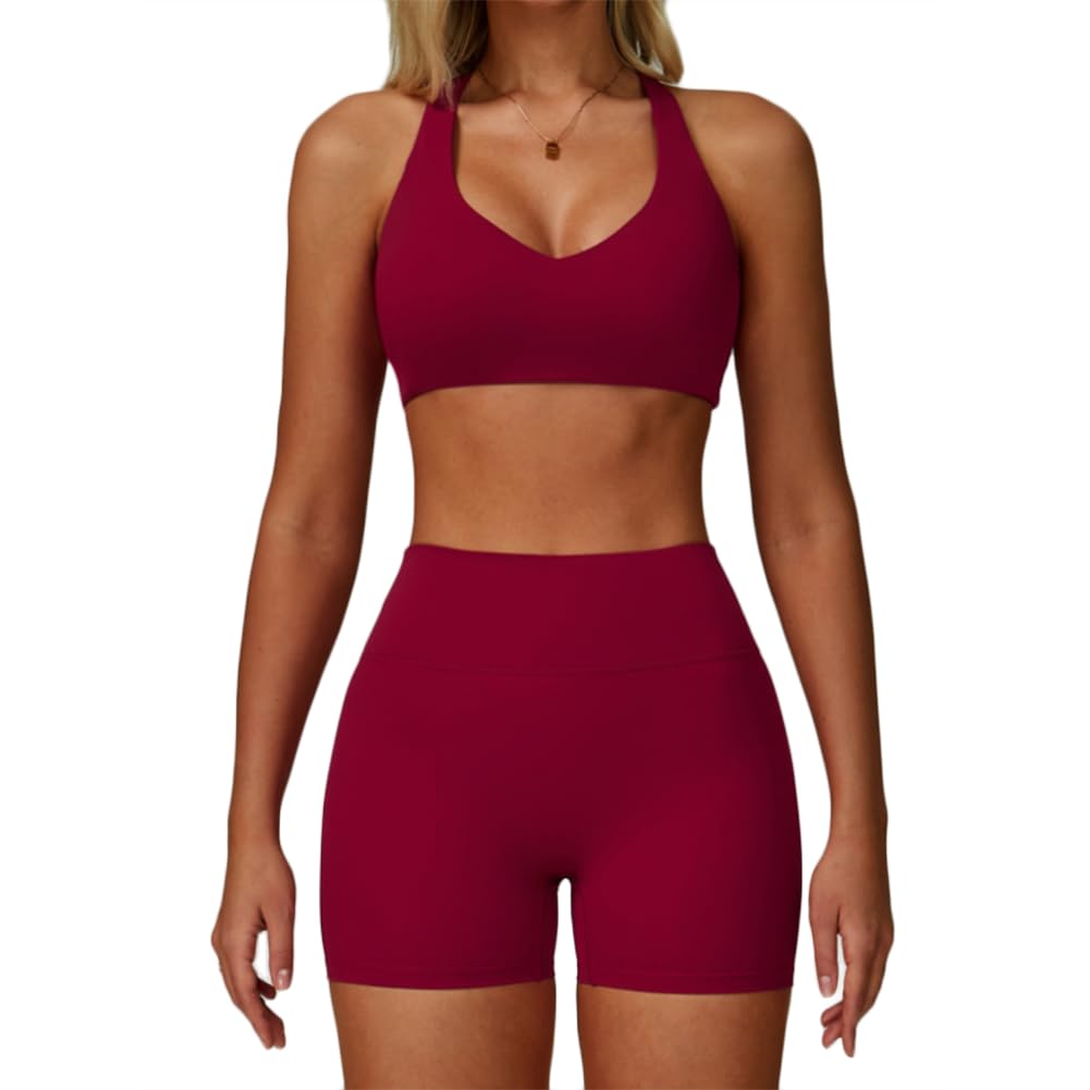 XYFfybhsd Women Workout Activewear Sportswear Yoga Gym Set Sports Halter Bra and High Waist Shorts 2 Pieces (Size:L,Color:Red)
