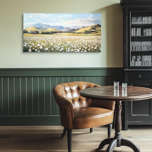 crmotu Canvas Wall Art Landscape, Oversized Wall Art, Floral Wall Decor, White Wildflower Field Painting, Nature Wilderness Pictures Wall Decor Living Room Bedroom Bathroom Art Prints 24x48inch