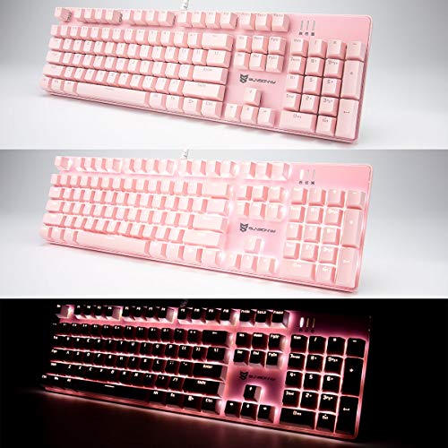 Image of Merdia Full Size Wired Mechanical Gaming Pink Keyboard | Red Switch 104 Keys US Layout Full Size Pink PC Gaming Keyboards | Hot Swappable LED Backlit Light Up Wired Mechanical Computer Keyboards