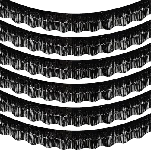 Image of LOLStar Black Foil Fringe Tinsel Garland, Tinsel Streamers Banner, 6 Pack | 60Ft Tinsel Streamers, Shiny Black Wall Hanging Tinsel Fringe Banners for Bachelorette, Halloween, New Year Party Decor
