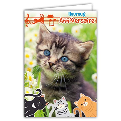 Afie 67-114 Carte Heureux Anniversaire Chaton Petits Chats Mignons Fleurs Paquerettes Musique Portée Clé de Sol Notes Fabriqué en France