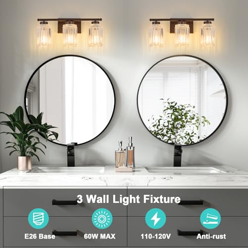 Image of 3 Light Bathroom Light Fixtures Modern ORB 18 Inch Vanity Lights for Bathroom Lighting Fixtures Over Mirror with Thickened Glass Shade for Cabinet Mirror Bedroom Hallway
