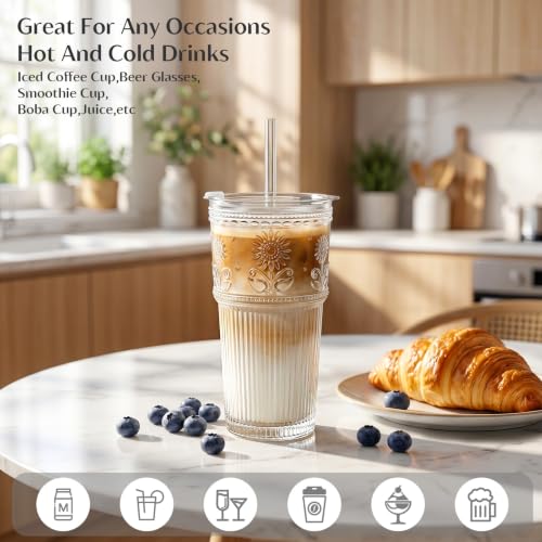 Image of INSETLAN 20 oz Ribbed & Floral Glass Tumbler with Straw, Set of 6 Cups | Iced Coffee Cups with Lids, Reusable Drinking Glasses for Water, Smoothies, Tea, and Juice - Ideal for Travel & Daily Use