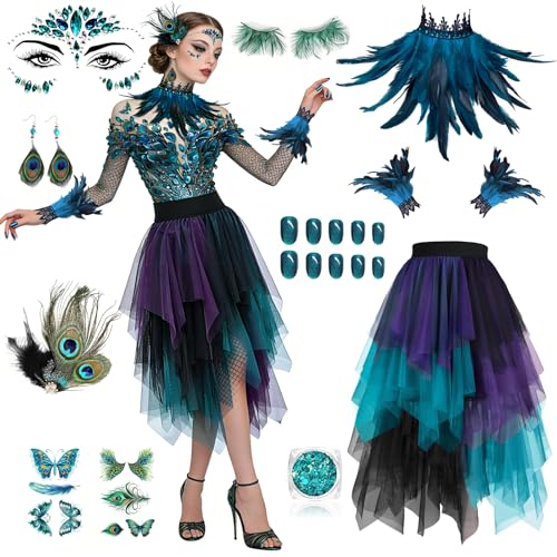 Pfau Kostüm Damen Blau Grün Pfau Tüllrock Pfauenfedern Kragen Pfauen Accessoires Karneval Kostüm Damen Pfau Pfauenkostüm Faschingskostüme Peacock Costume Pfaukostüm frau für Fasching Karneval