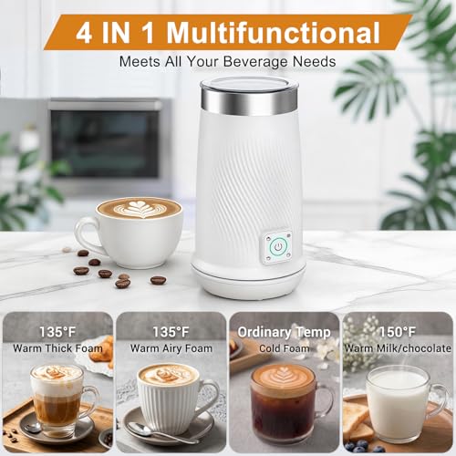 Image of Wowteam Milk Frother, 4-in-1 Electric Milk Steamer, Warm and Cold Milk Warmer and Foam Maker for Coffee, Latte, Cappuccinos, Macchiato, 8.2oz /240ml, Stainless Steel, White