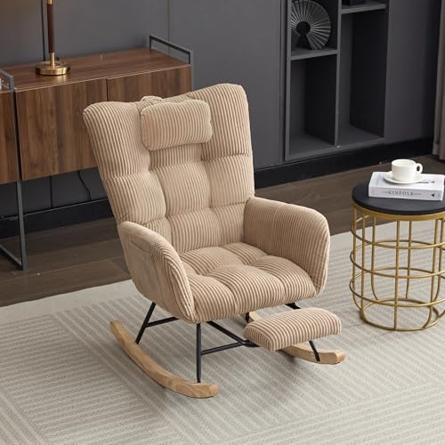 DUlVBPE Mecedora marrón moderna tapizada de tela de alta calidad con asiento acolchado, respaldo alto, sillón e invisible, con cojín cervical