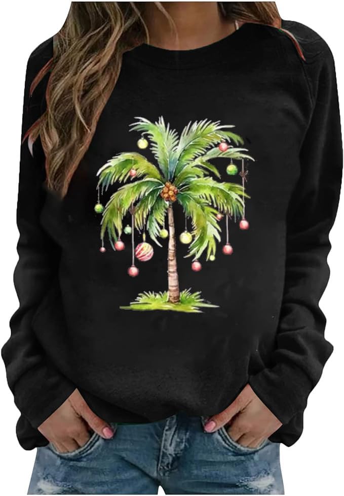 LLHXRUI Christmas Palm Tree Sweatshirt for Women Funny Hawaiian Beach Tropical Xmas Pullover Long Sleeve Christmas Shirt Top