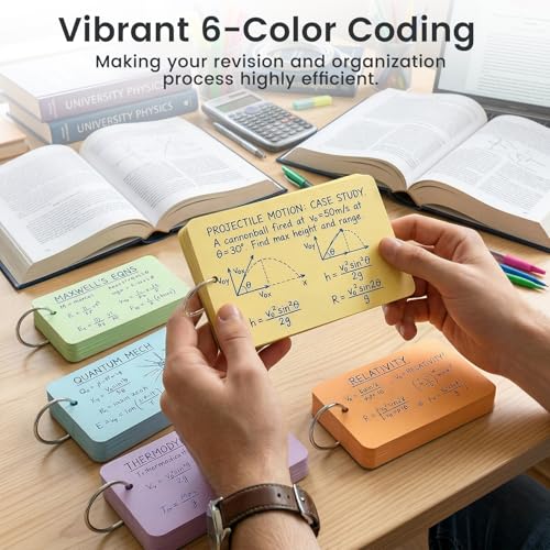 Koogel Index Cards with Ring for Studying, 480 PCS, 3x5 Inch, Colored Flash Cards with Key Ring, Notecard for School College Memory Vocabulary Greeting Memo Home Organization Supplies, 6 Colors
