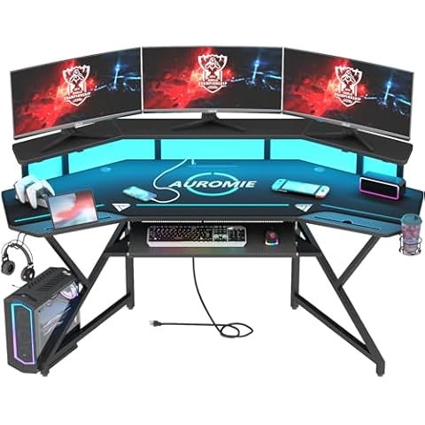 Auromie Gaming Desk with Power Outlet & LED Light, 72" Large Wing-Shaped Computer Desk w Monitor Stand & Keyboard Tray & Full-Size Mouse Pad, Studio Desk w Storage Shelf Headphone Hook Cup Holder Cover