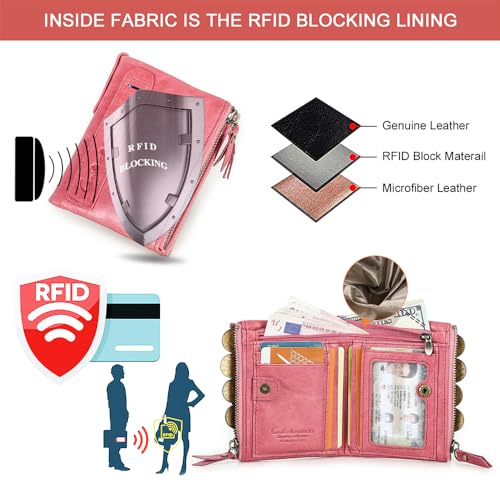 Image of CONTACTS Soft Leather Wallet for Women Small Bifold Coin Purse Double Zipper Card Holder with RFID Blocking (Watermelon Red)
