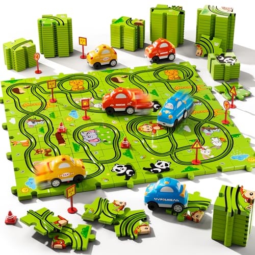 Beby Buty 64 PCS Puzzle Race Track Car Set for Kids Boys, Floor Puzzle Tracks Car Toys for Boys Ages 3-5 4-6, Toddler Toys Gifts for 3 4 5 Year Old Boys, Ideal 3 4 5 6 Year Old Birthday Gifts