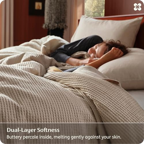 Image of Bedsure Cotton Duvet Cover Queen Size - 100% Cotton Waffle Weave Khaki Duvet Cover, PureWoven Textured Breathable Bedding Comforter Cover for All Season, Includes 1 Duvet Cover 90 inchx90 inch