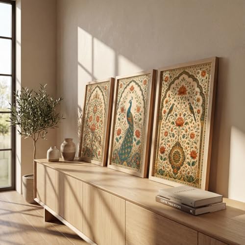 Image of NoWorries Peacock Wall Art Set of 3 Framed Prints | Indian Traditional Floral Botanical Painting, Royal Peacock & Bird Poster, Vintage Rajasthani Ethnic Wall Decor for Living Room Bedroom Home (Synthetic Engineered Wooden Frame) (MIN -12, 13x17 inches)