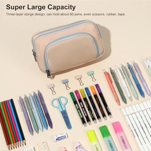 Image of XQXA Pen Pouch Large Capacity Pencil Case Organizer, Multifunctional Pencil Pouch with 3 Compartmens, Big Pencil Bag for Office Travel Men Women Adult (01-Creamy Rice)