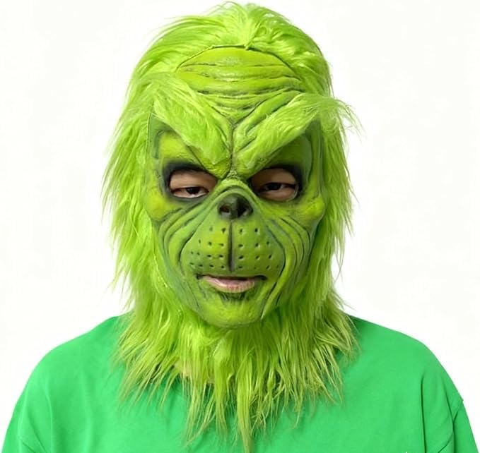 casapre Deluxe Green Monster Mask with Plush Fur Adult Size Christmas Holiday Costume Latex Material Full Face Coverage