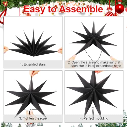 Image of 12 Inches 5 PCS Black Paper Star Lanterns Hanging Stars Christmas Party Decorations Hanging Lampshade Christmas Wedding Birthday Christmas Home Party Decorations(9 Pointed)