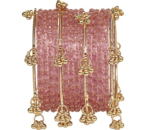 Image of Kashmiri Ghangharoo Glass Bangle Set for Women| Light Weight Bangles | Traditional Transparent Fancy Glass Chudi Set for Wedding, Party|Set Of 16(12 Glass + 4 ghungroo bangles)