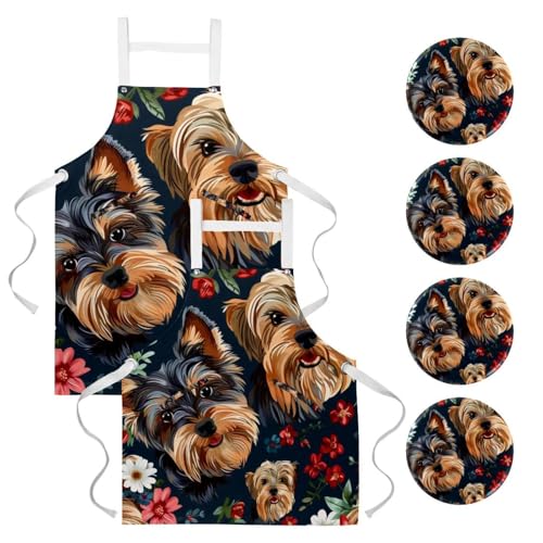 Lot de 2 tabliers de cuisine à motif floral avec 4 broches fantaisie pour le travail