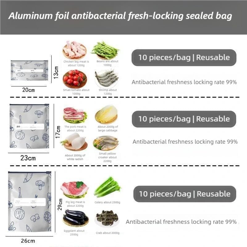 Reusable Aluminum Foil Bags, Freezer Safe & Leak Proof Stand Up Storage Bags with Zipper for Meat Seafood Vegetables, Heavy Duty BPA Free Food Storage Containers (30pcs-Medium-) 30pcs Medium-02