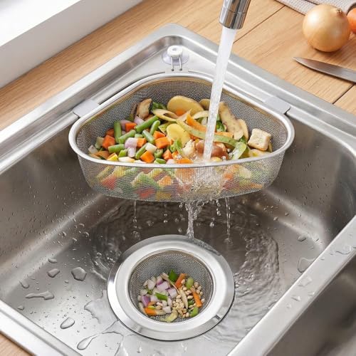 Image of Sink Corner Strainer - Triangle Drainer Basket & Shelf Organizer for Kitchen | Multi-Use Fruit, Vegetable, Soap, Sponge Holder | Rust-Resistant Sink Shelf Corner Rack (Sink Corner + Jali)
