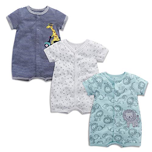 OPAWO Infant Baby Boy Girl Cotton Rompers 3-Pack Summer Short Sleeve One Piece Buttuon Jumpsuit Outfits for 3-24 Months (01, 3-6 Months)