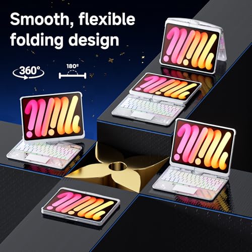 Image of Clear Wireless Keyboard Case for iPad mini 7 A17 Pro (2024) / Mini 6 (2021) 8.3 inch w /Multi-Touch Trackpad, 7-Color Backlit, Pen Holder, 360 Rotating Case for iPad mini 7th /6th Generation,White