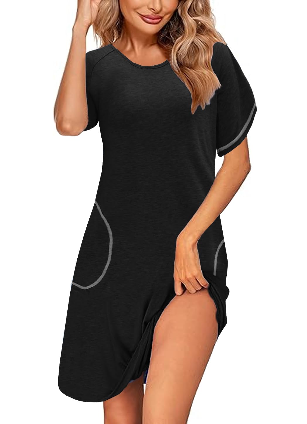 NLAND Camisones Mujer Algodon Camisón de Señora Manga Corta con Bolsillos Vestidos de Casa Camisón Suave