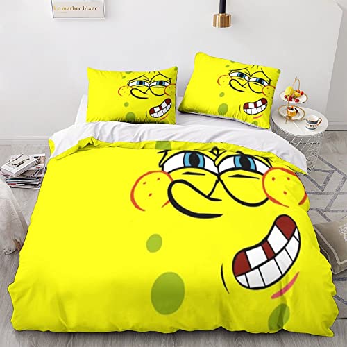 Bob Esponja Juego De Funda De Edredón De 3D Niños Niñas,Funda De Edredón De Microfibra De Poliéster Fundas De Cremallera,3 Piezas Juego De Cama Double(200x200cm)