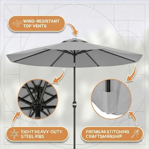 Image of Greesum 9FT Outdoor Patio Umbrella, Table Umbrella for Yard, Market, Heavy-Duty Waterproof Pool Umbrella with 8 Sturdy Ribs, UV Protection for Beach, Deck, Garden, Backyard