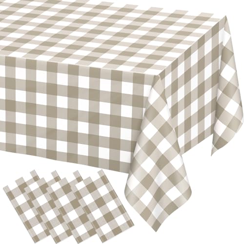 Image of WNINK 4 Pack Brown Checkered Rectangular Plastic Tablecloths, Brown and White Gingham Waterproof Disposable Table Covers 54 inch x 108 inch for Birthday, Baby Shower, Wedding, Outdoor Picnic Parties