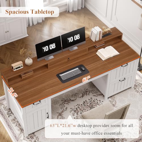 Image of SEDETA Farmhouse 63 inch Executive Desk, Home Office Desk with File Drawer and Monitor Stand, Computer Desk with Drawers and Storage Cabinet, Wood Desk for Work Study Writing, White Brown