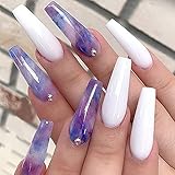 IMSOHOT Glossy Coffin Press on Nails Long Ballerina Diamond Fake Nails Purple Ombre False Nails with Designs Full Cover Glue on Nails for Women