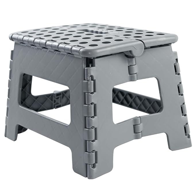 Folding Stool Step Down Footstool With Carry Handle Compact Foldable Foot Stool DIY Footstool Ladder MAX Weight 150KG (Grey)