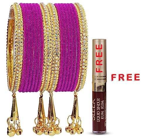 Image of NMII Metal with Zircon Gemstone and Velvet Studded Bells Latkan Bangles Set For Girls and Women I Latkan Bangles, Premium Bangle Bracelet Set I Pack of 16 Bangles