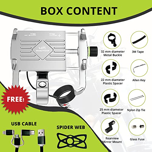 Image of GRAND PITSTOP Mobile Holder for Bikes, Motorcycle, Scooter, Bicycles, Claw Jaw Grip with Charger Bike Mobile Holder, Aluminium Cellphone Holder for Maps and GPS & 360 Rotation Phone Mount-Silver
