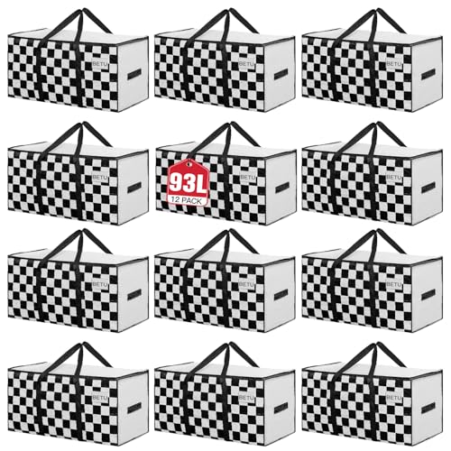 BETU 12 Pack Moving Bags Moving Storage College Dorm Camping Packing Travel PE Heavy Duty, Sturdy Handle, Zipper Large Storage Tote Bag Moving Boxes Box Alternative - White Plaid 29L x 15W x 15H