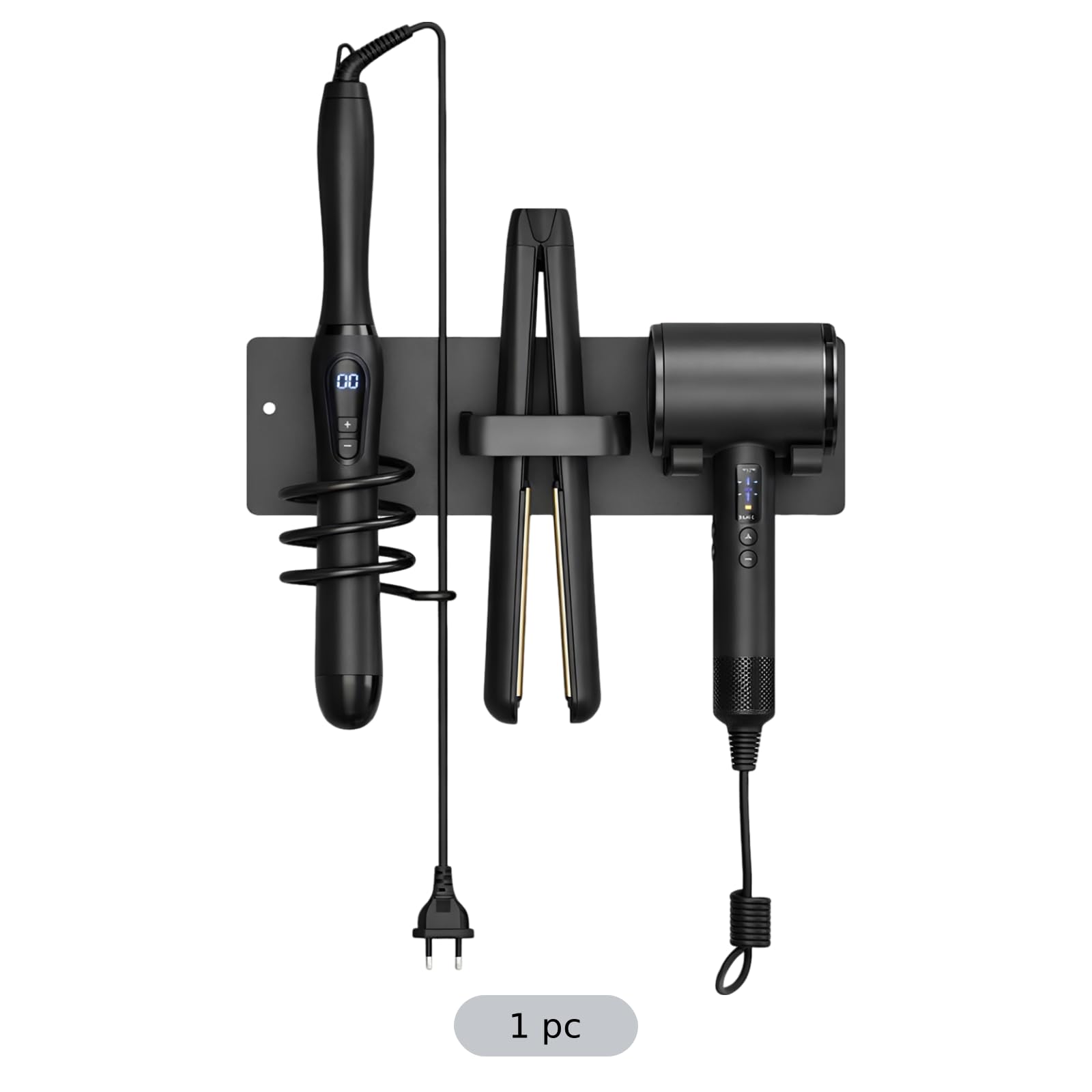 Generisch Haartrocknerhalter, 3-in-1 Wandhalter aus Kunststoff für Badezimmer, Organizer für Lockenstab, platzsparendes Föhnregal mit bohrfreier oder Schraubmontage, 30 x 8 cm