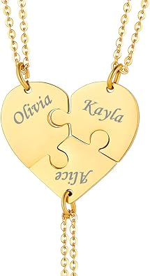 Custom4U Personalized Gold BFF Necklace for 3 Pcs Split Heart Matching Friendship Couple Necklaces 14k Gold Plated 925 Sterling Silver Pendant Custom Gifts for Best Friend Women