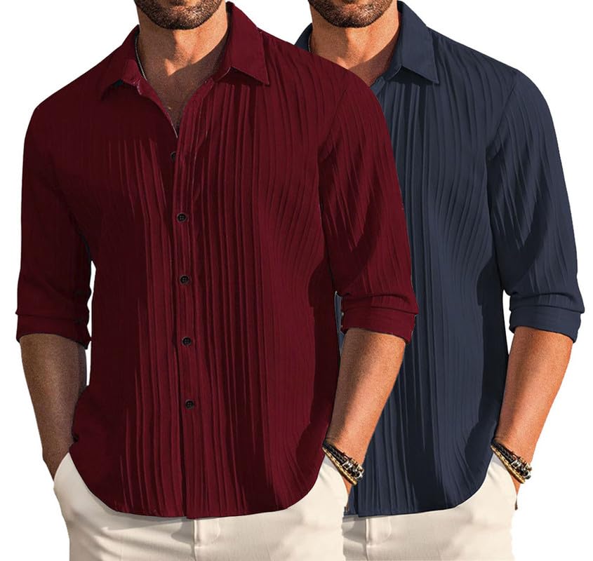 Image of DEELMO Combo of Men's Casual Button Down Shirts Long Sleeve Linen Shirt Fashion Textured Summer Shirts Pack of 2