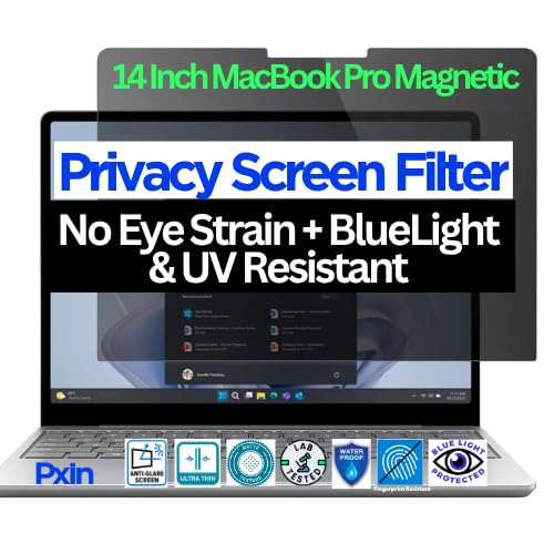 Image of Pxin 14 Inch MacBook Pro Magnetic Privacy Screen Filter | Silicone Grip | Anti Glare | Anti Blue Light | 99% UV A /B /C Block | BRIOPIX Grid Tech | Removable Laptop Screen Privacy Guard