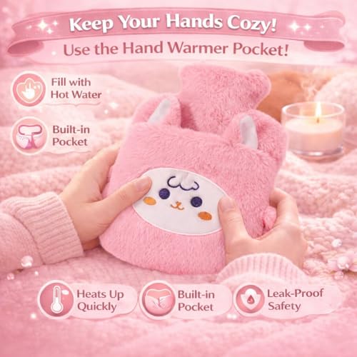 Image of Rabbit Hot Water Bottle with Plush Cover & Hand Warmer Pocket 1000ML Premium Heating Bag for Pain Relief & Menstrual Cramps Hot & Cold Therapy for Arthritis, Injury, Back Pain & Joint Stiffness (Blush Pink)