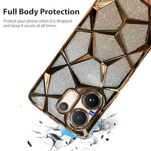 Image of VONZEE Gradient Glitter Case for VIVO V60, Luxury Electroplated 3D Cube, Diamond Bling Shiny Soft TPU Clear Shockproof Women Girls Protective Phone Cover (Gold)